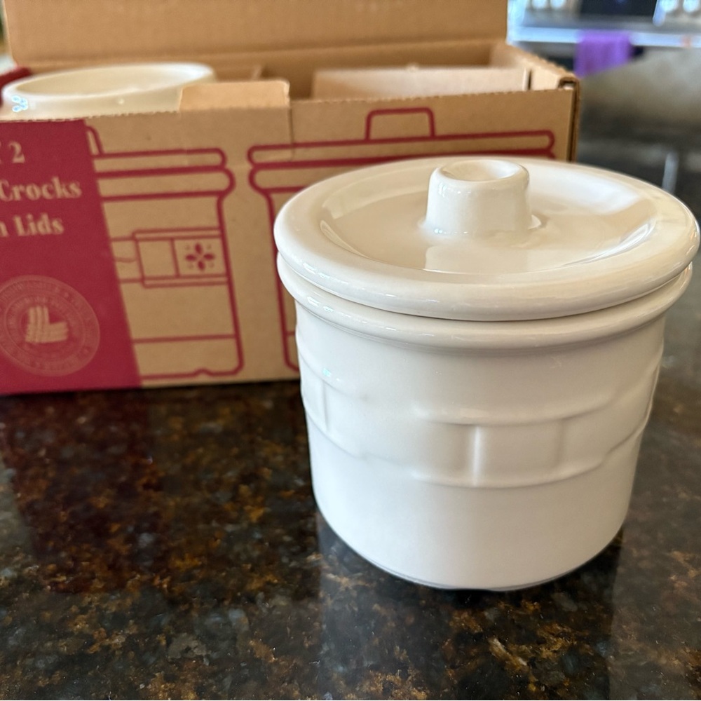 New Longaberger Ivory Ceramic Food Storage Crock Pair with Lids